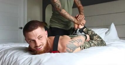 Big guy tickled hogtied