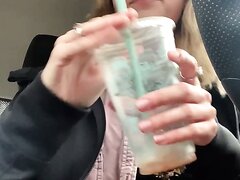 Cute blond need to pee in car and pee in a cup