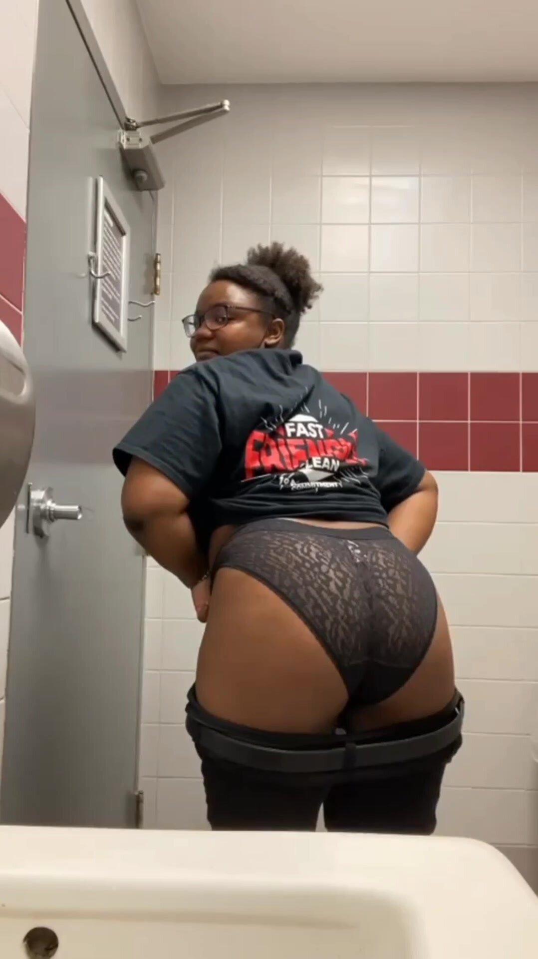Chubby Ebony Employee Farts on Bathroom