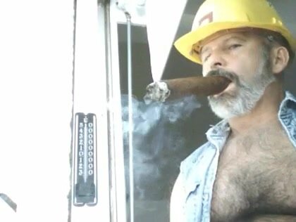 Silver haired construction dad with huge cigar