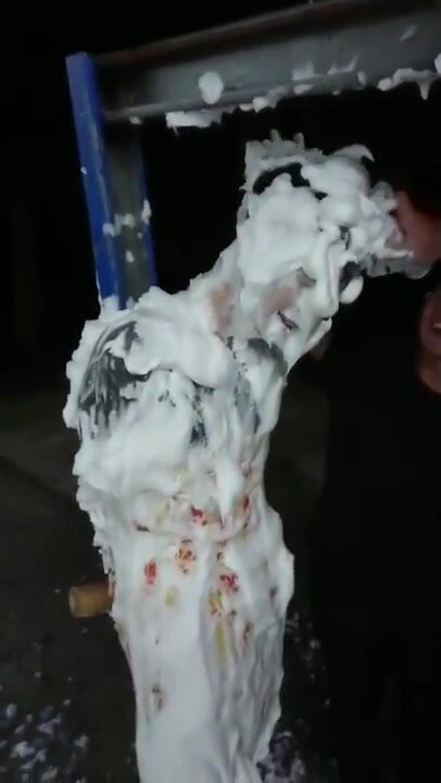 Asian boy gets tied + covered in shaving cream and foam