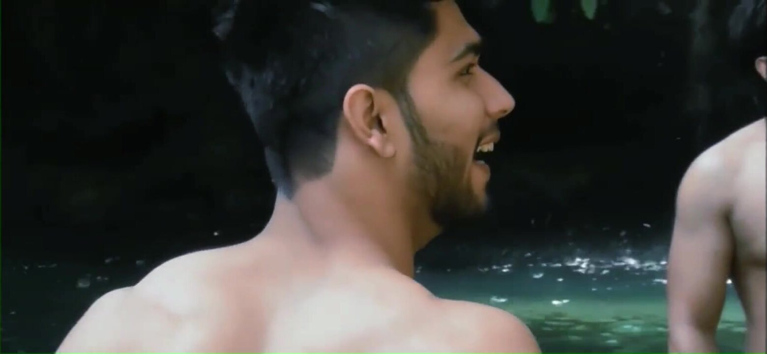 Two Indian guys enjoying naked at a waterfall