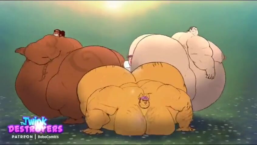 3 fat men squashing a skinny boy