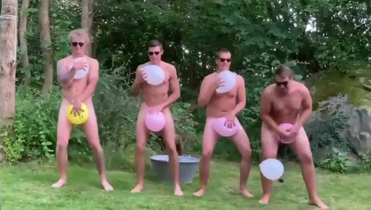Four Swedish guys dancing naked with balloons