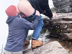 Redneck guy gets rimmed outdoors in the cold by his bro