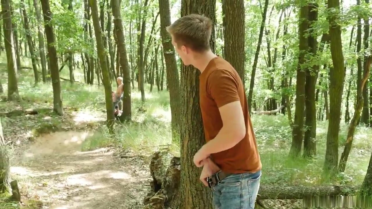 Twink forest duo joined by voyeur