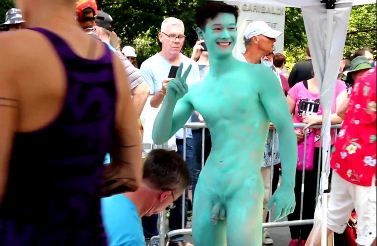 Most Gorgeous Young Man Having His Naked Body Painted in Public