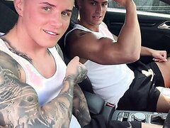 two hot uk boy stroking in the car