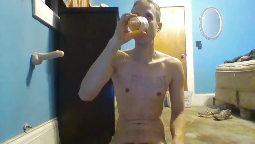 chastity boy drink own piss