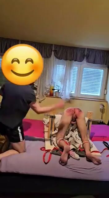 Skinny brat tied for hard belt whipping on bruised ass