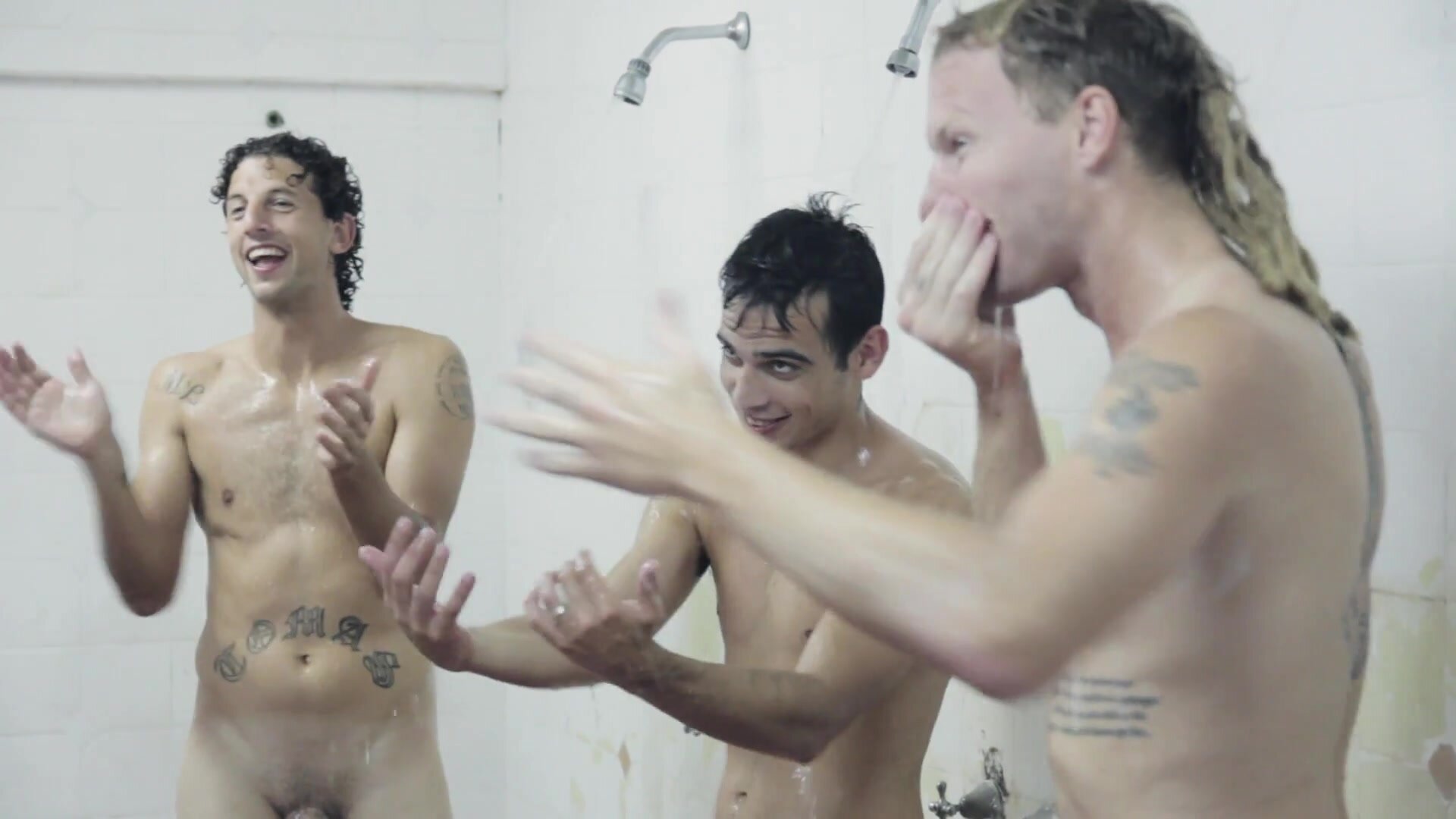 Naked actors showering
