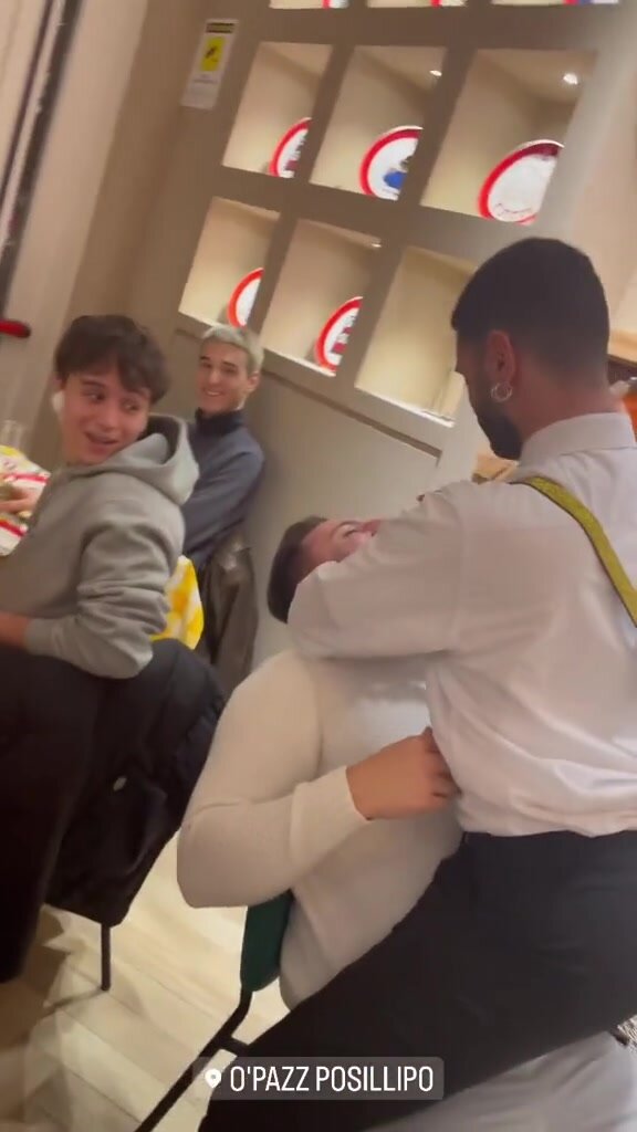 hot thicc gay waiter sits on straight guy's lap