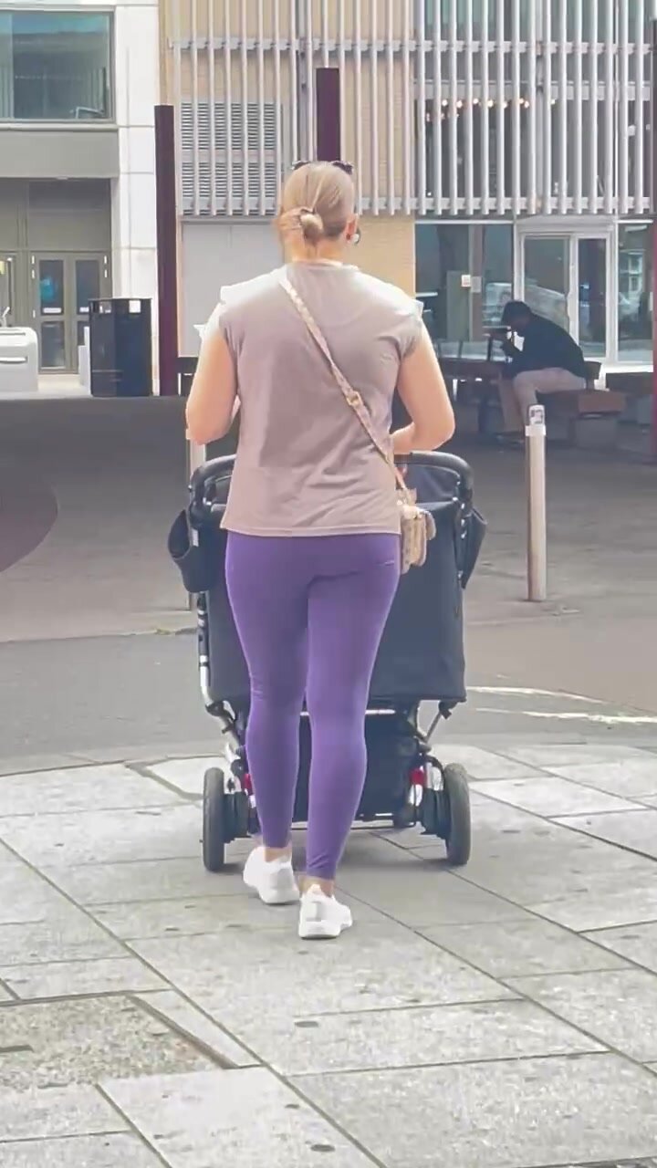 Hot mom walking in purple leggings