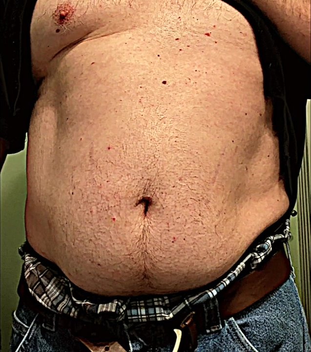 Dad's Big Bloated Full Belly and hard nipples