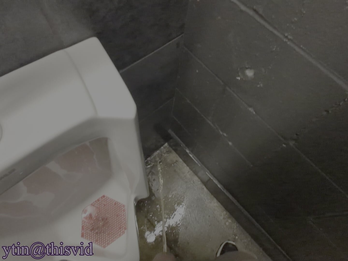 Public Restroom Piss on Floor Next to Urinal