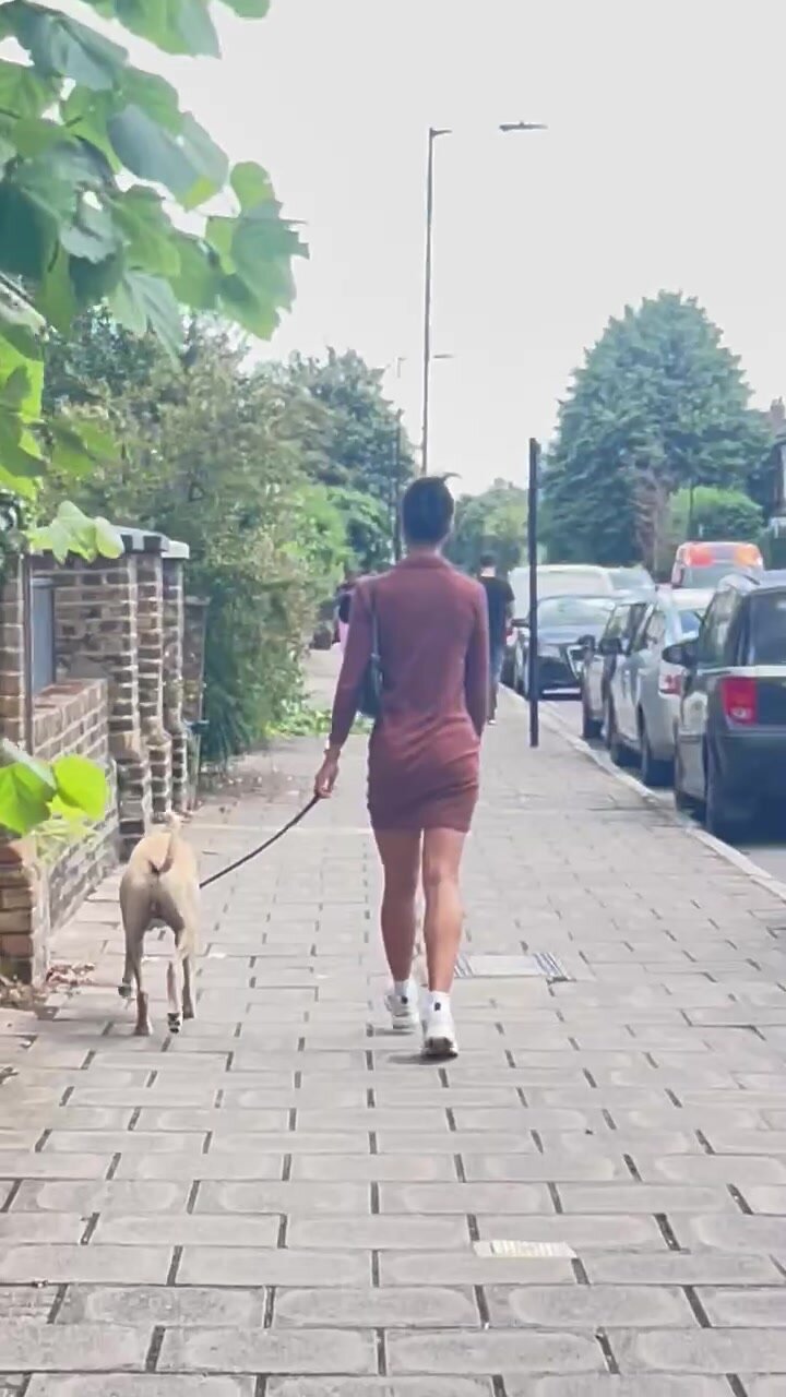 Skinny Asian walking the dog