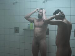 Bearded actor cock showering in movie