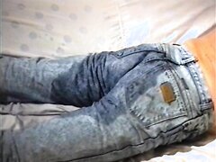 long piss on my  jeans and cum on them in bed