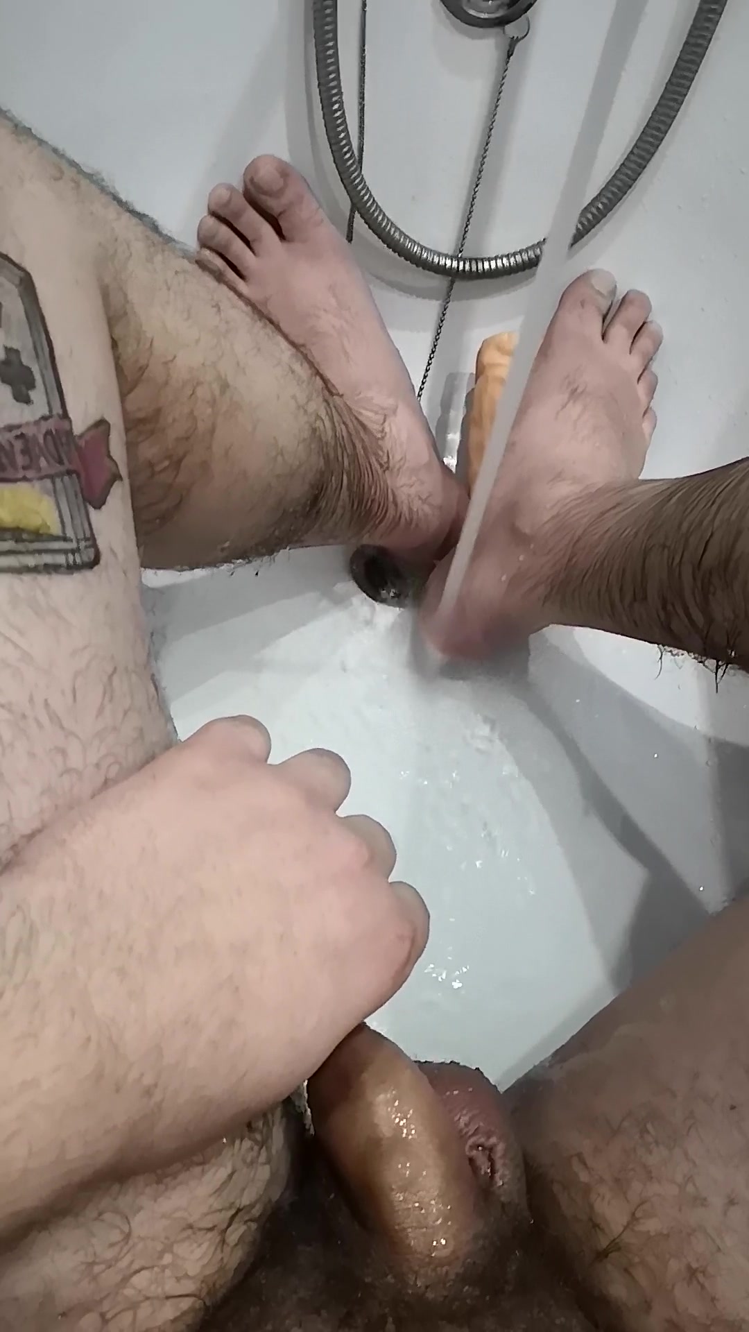 tattooed cub touches his soft dick an piss in the bathroom after cum PART 1