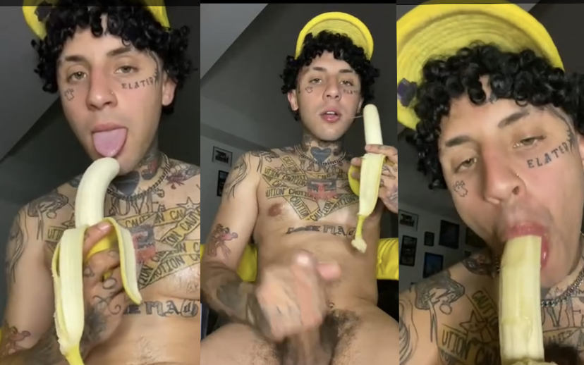 Horny dude playing with a banana