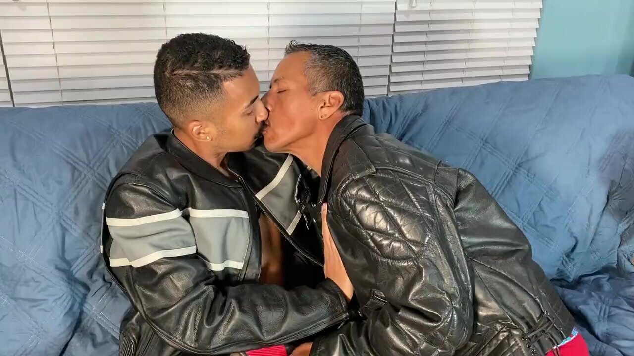 Hot latino leather master kissing and cock sucking