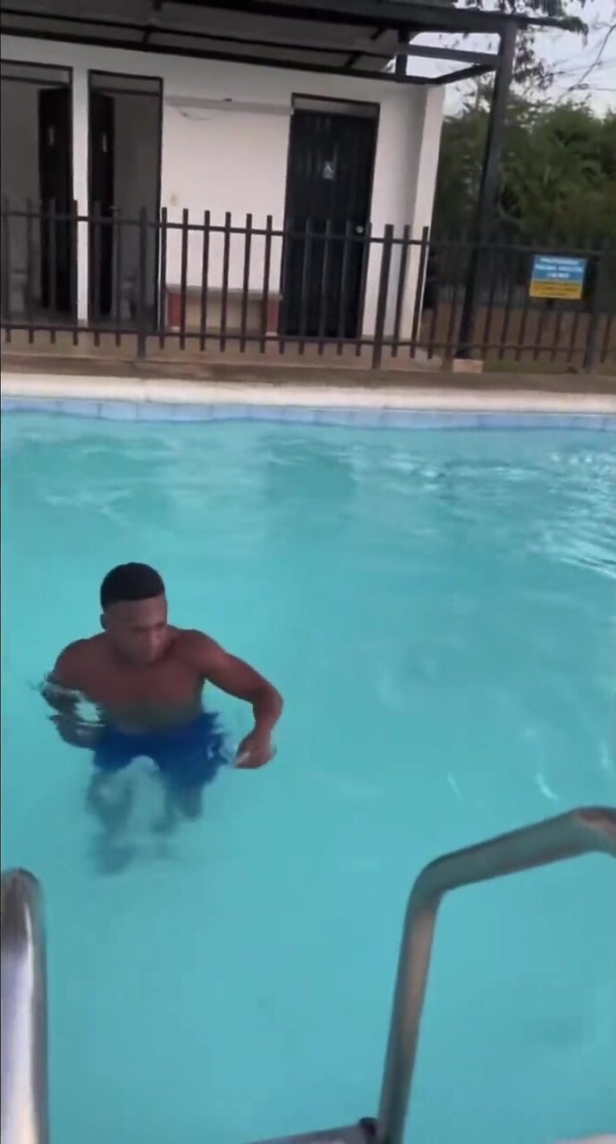 Getting out of the pool with boner