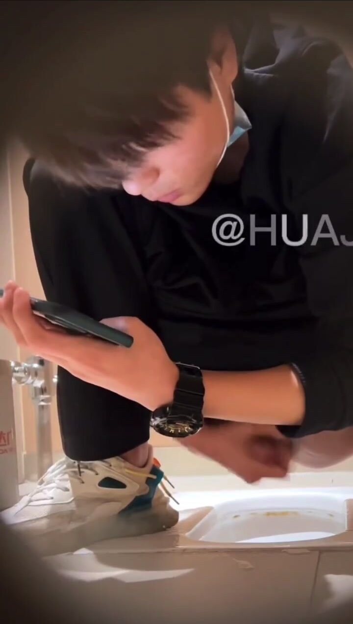 Beautiful Asian boy jerks off over squat toilet