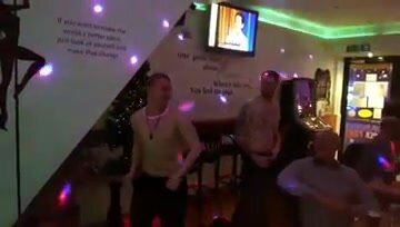Two amateur guys do full monty in pub (frontal, LQ)