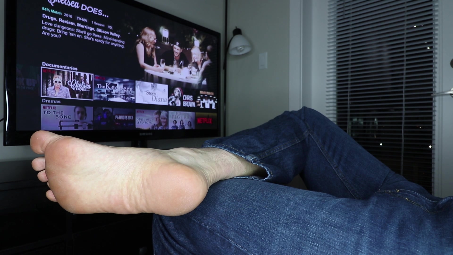 on Sofa big foot and dildo (footJOB)