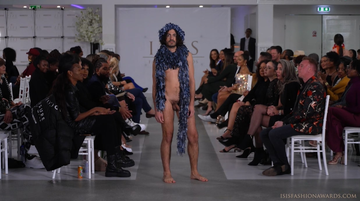 Frontal naked male model in accessories fashion show
