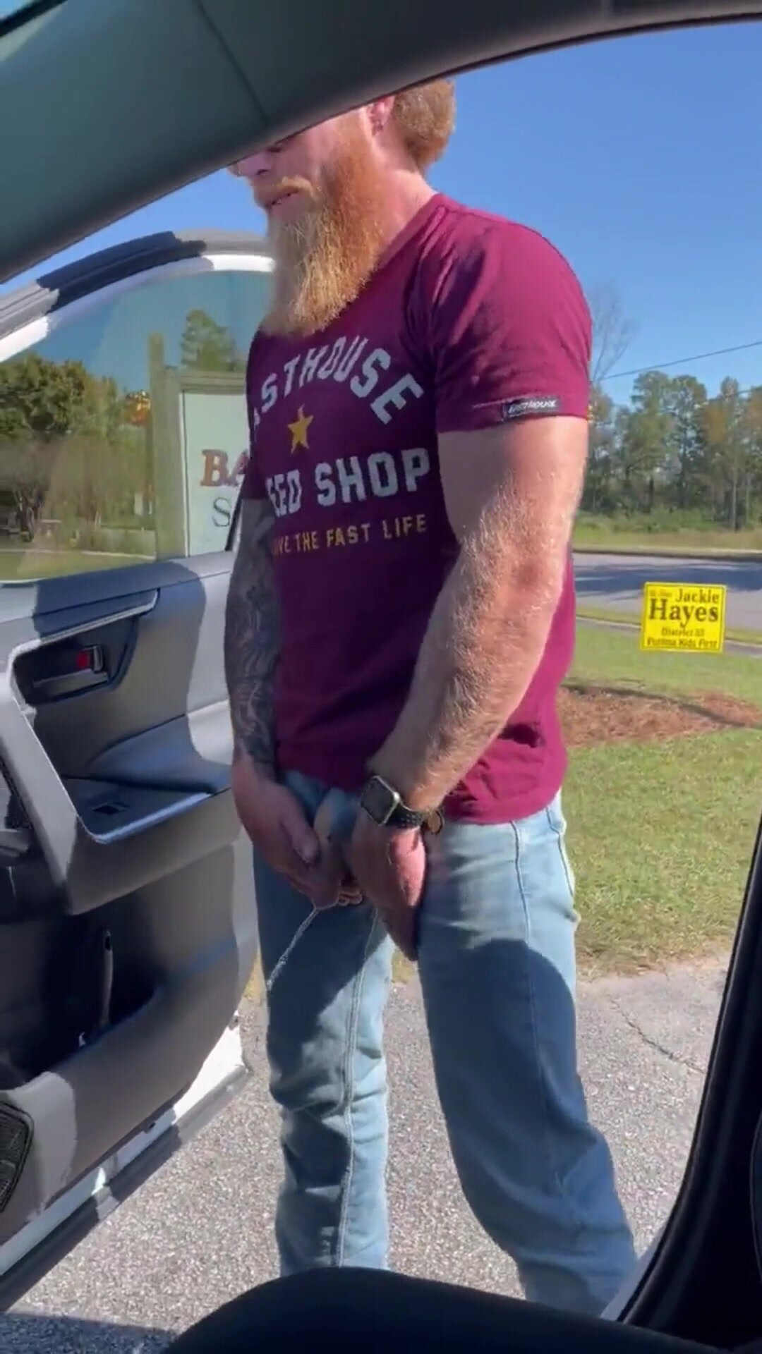 Red beard guy pisses