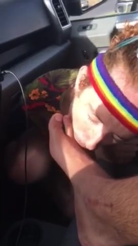 Nice guy worships feet in the car.