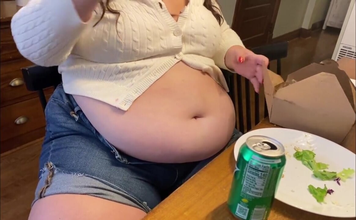white bbw stuffing huge fat belly with big meal 3
