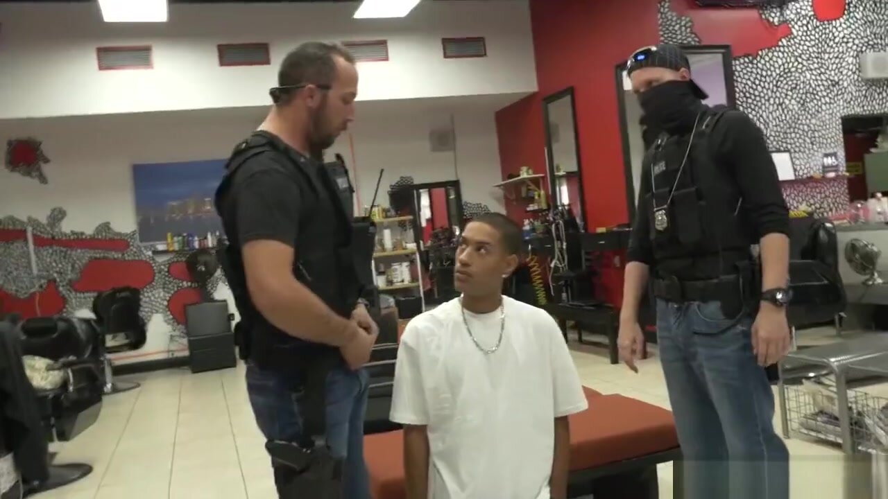 Gay cops fuck guy in a barbershop