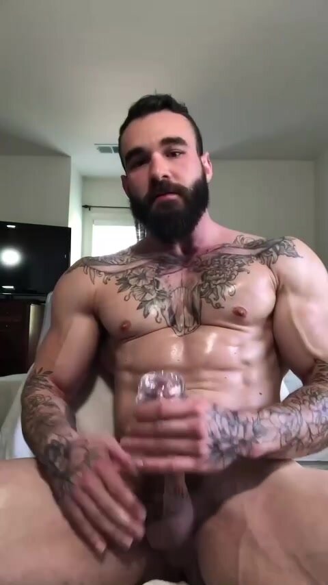 hot muscle daddy jerks off using a sex toy and cum
