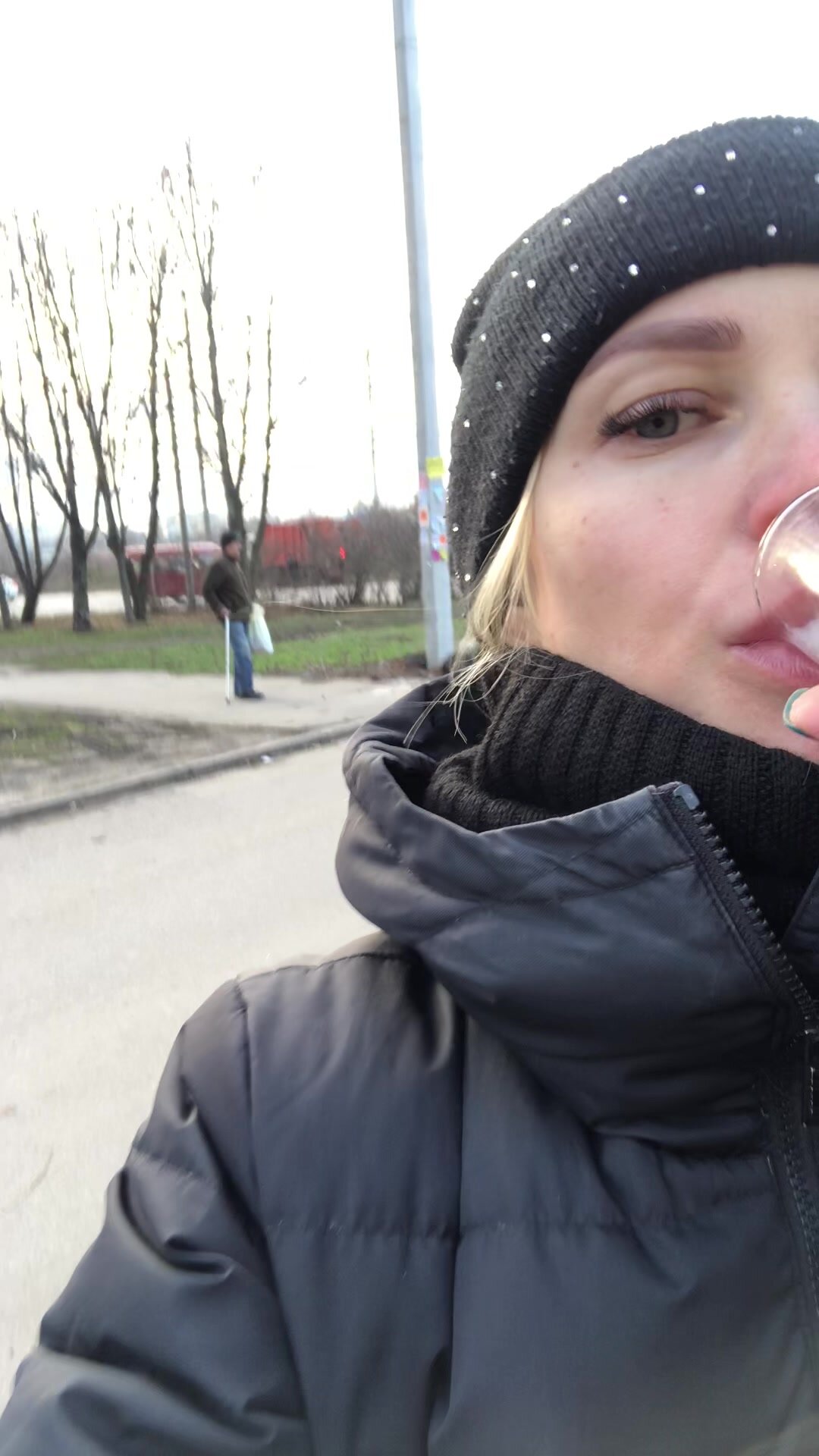 drinking a glass of cum outside
