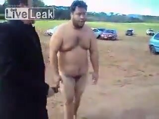 Fat man on drugs naked at festival