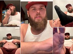 Huge Belly Chubby Bearded Guy Eats And Shows Feet