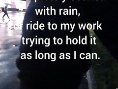 Pissing pants on bicycle under a rain