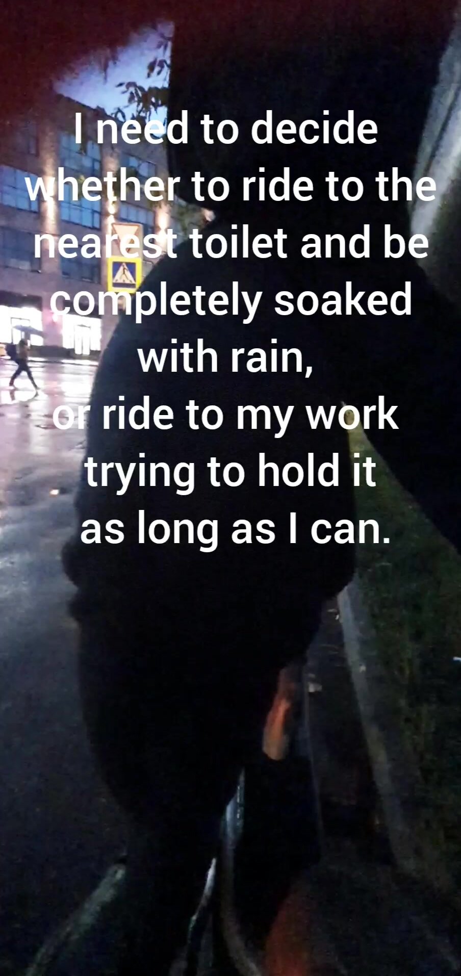 Pissing pants on bicycle under a rain