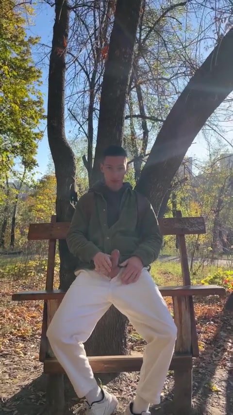 jerking off and cumming on a bench in a public park