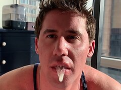 eating his own creampie from the bed