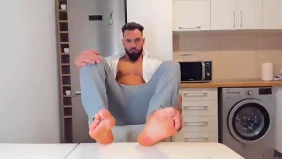 Suited Muscle Hunk Shows Feet With Dick Out