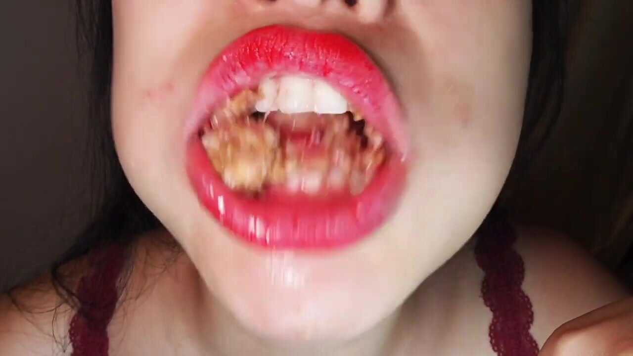 Close Up Open Mouth Strawberry Pie Eating