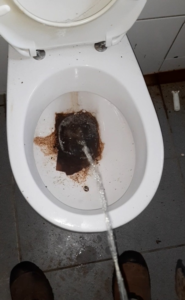 pissing in a very dirty toilet in an abandoned house