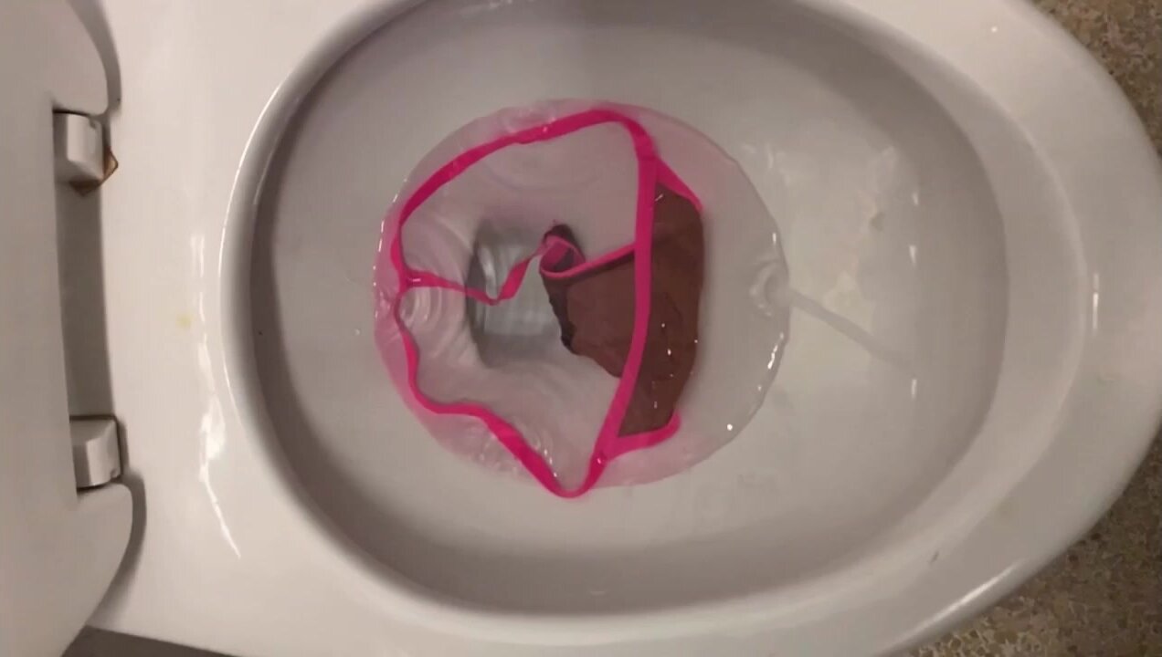 Little thong playfully floats down the toilet