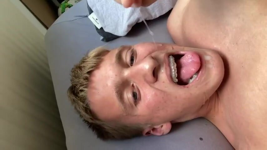 Blonde boy with braces cums in own mouth 1/4