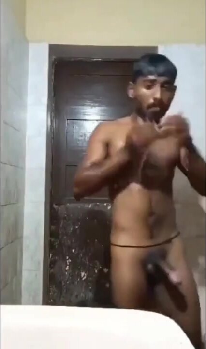 Hot Desi bathing with his 8 inch erect tool