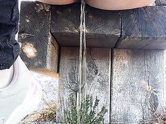 Cute pussy creates flowing stream while sitting on ledg