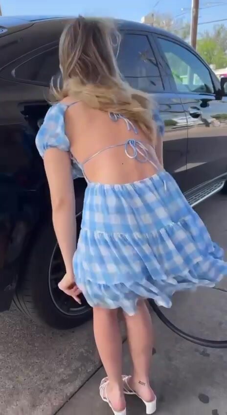 Hot girl removes panties & shows ass at petrol station